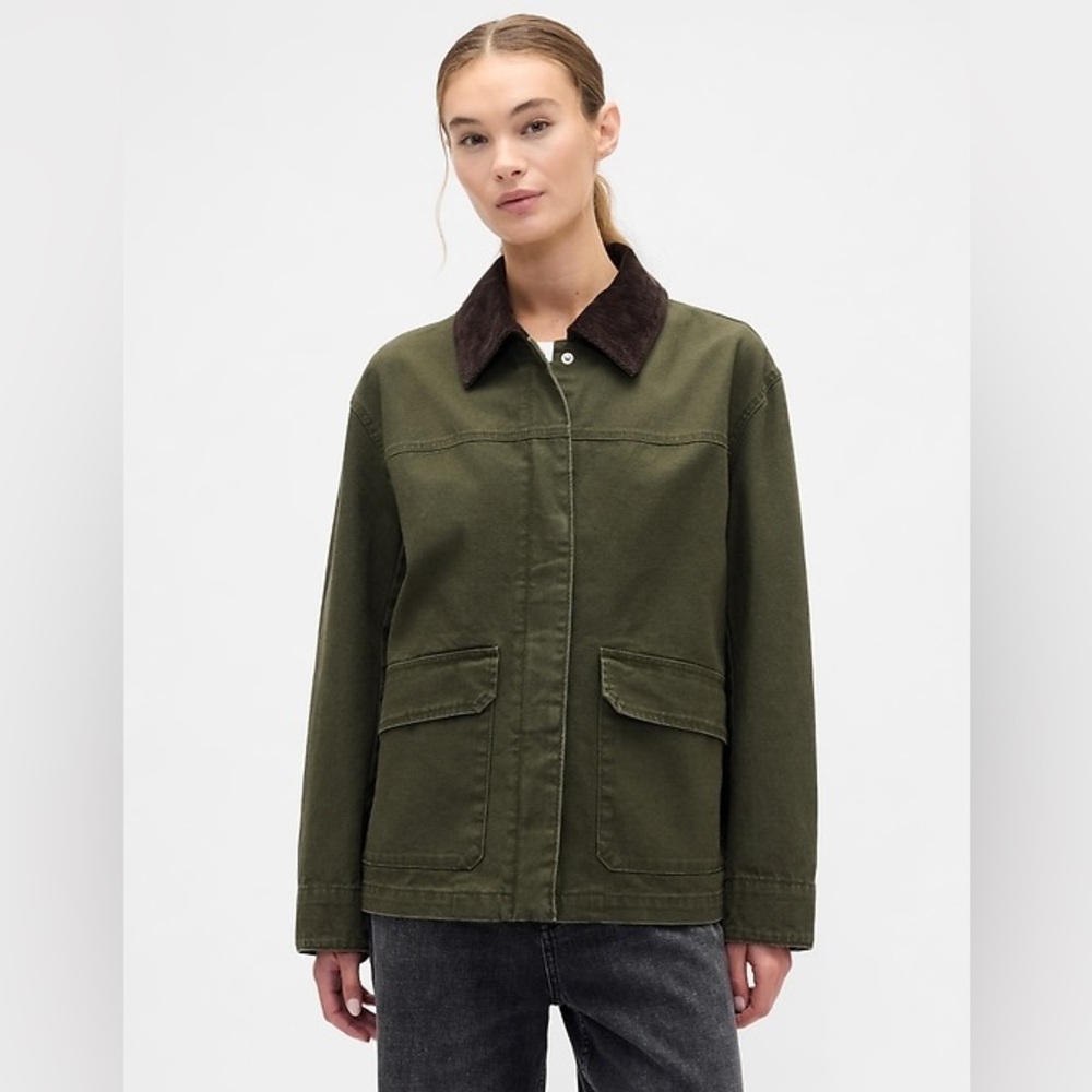 GAP Olive Green Utility Jacket with Brown Corduroy Collar